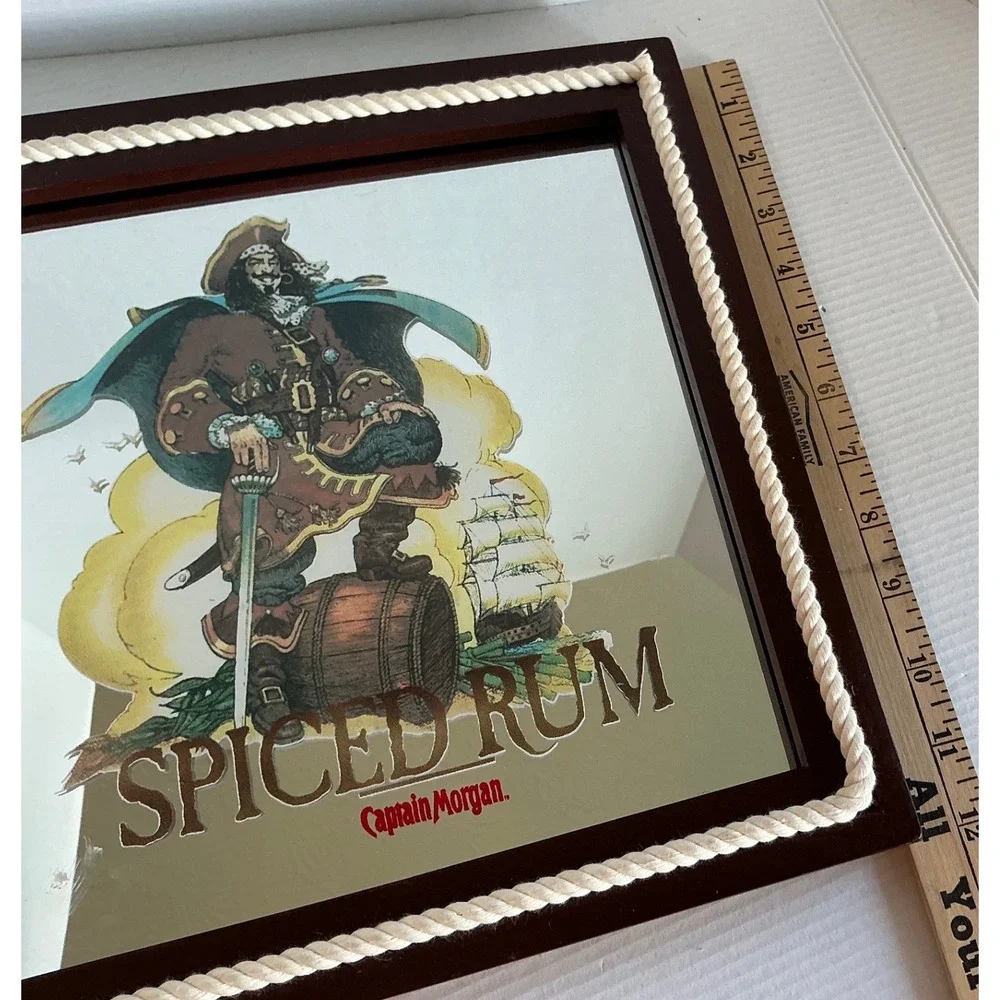 Captain Morgan Spiced Rum Bar Mirror Nautical Rope Frame 13x13 Tavern Decor